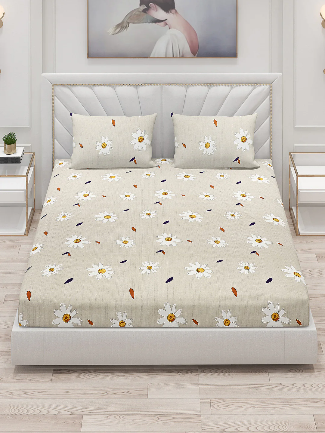 130 GSM Polyester Double Bed Bedsheet with 2 Pillow Covers - Image 2