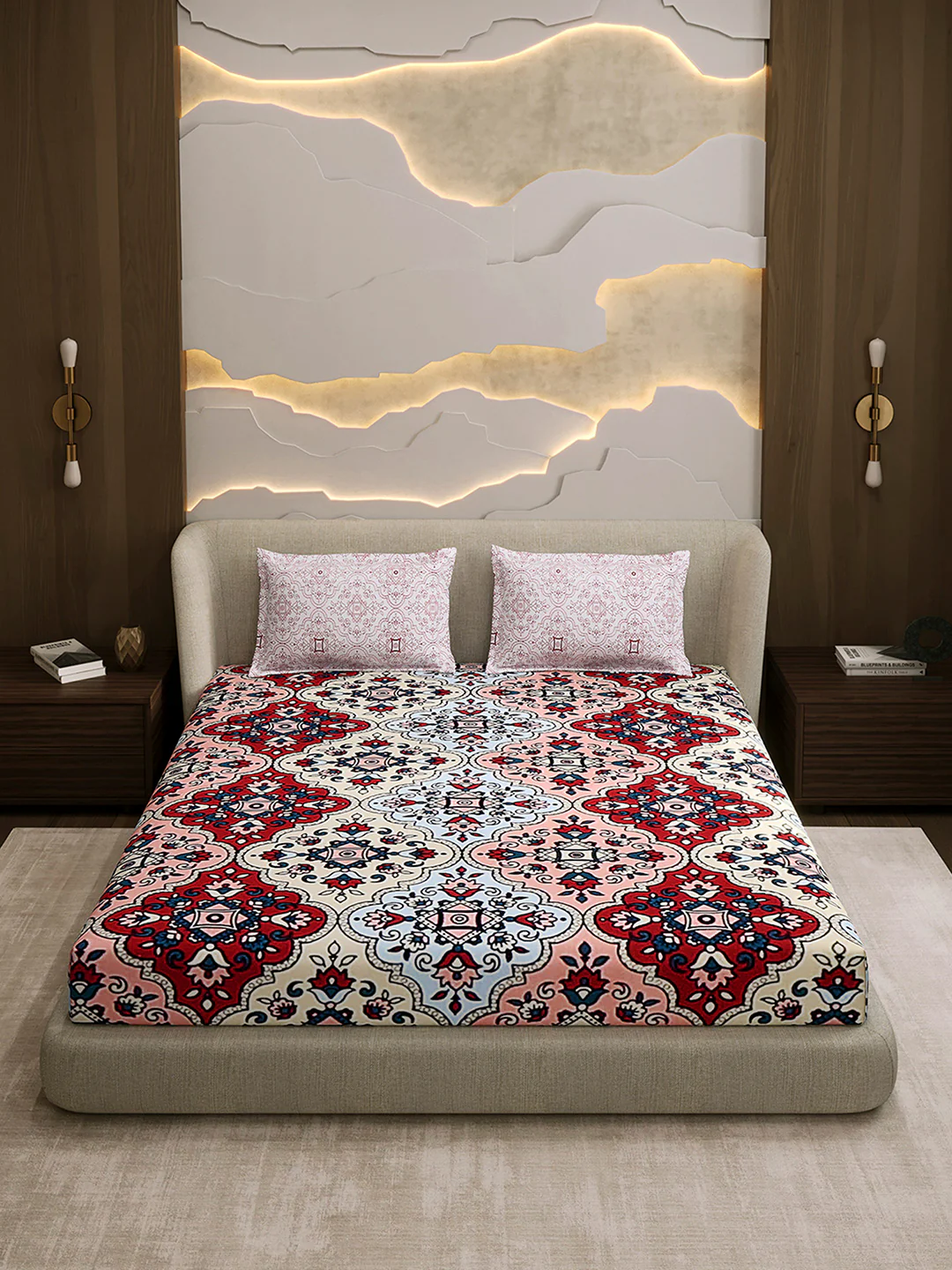 144 TC Cotton Double Bed 1 Fitted Bedsheet with 2 Pillow Cover (Solstice) - Image 2