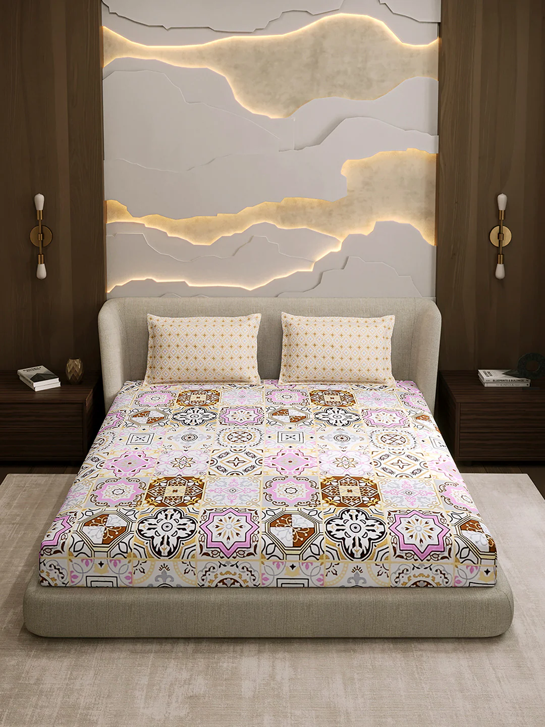 144 TC Cotton Double Bed 1 Fitted Bedsheet with 2 Pillow Cover (Solstice) - Image 2