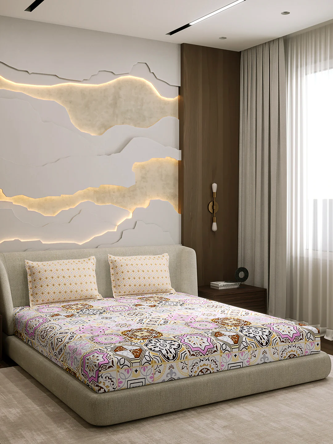 144 TC Cotton Double Bed 1 Fitted Bedsheet with 2 Pillow Cover (Solstice) - Image 4