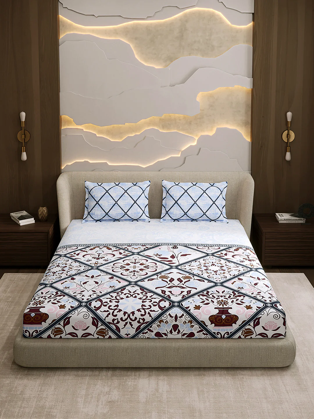 144 TC Cotton Double Bed 1 Fitted Bedsheet with 2 Pillow Cover (Solstice) - Image 2