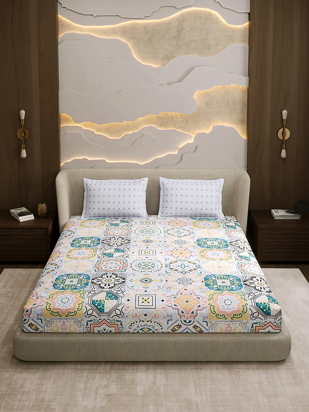 144 TC Cotton Double Bed 1 Fitted Bedsheet with 2 Pillow Cover (Solstice) - Image 2