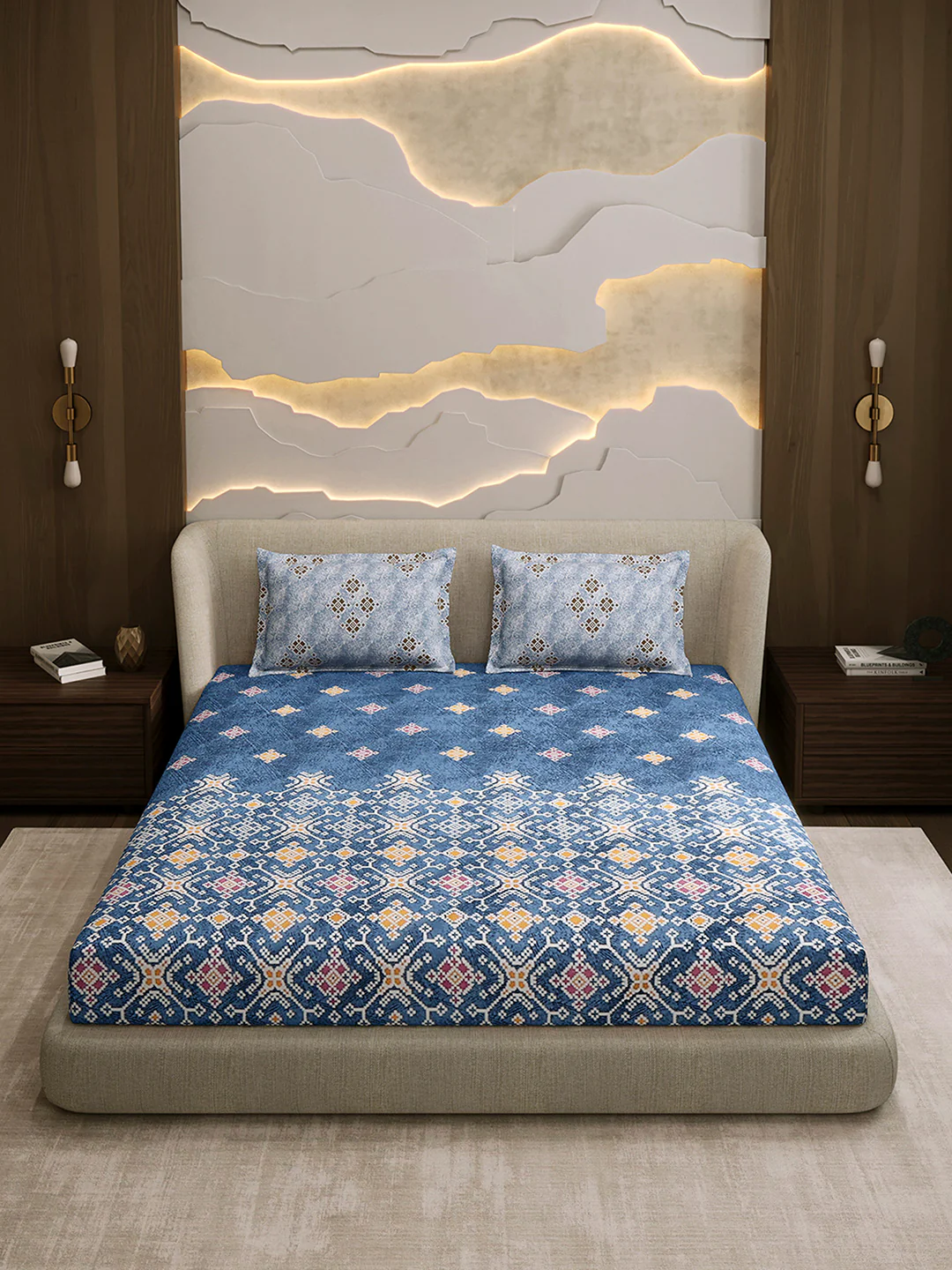 144 TC Cotton Double Bed 1 Fitted Bedsheet with 2 Pillow Cover (Solstice) - Image 2