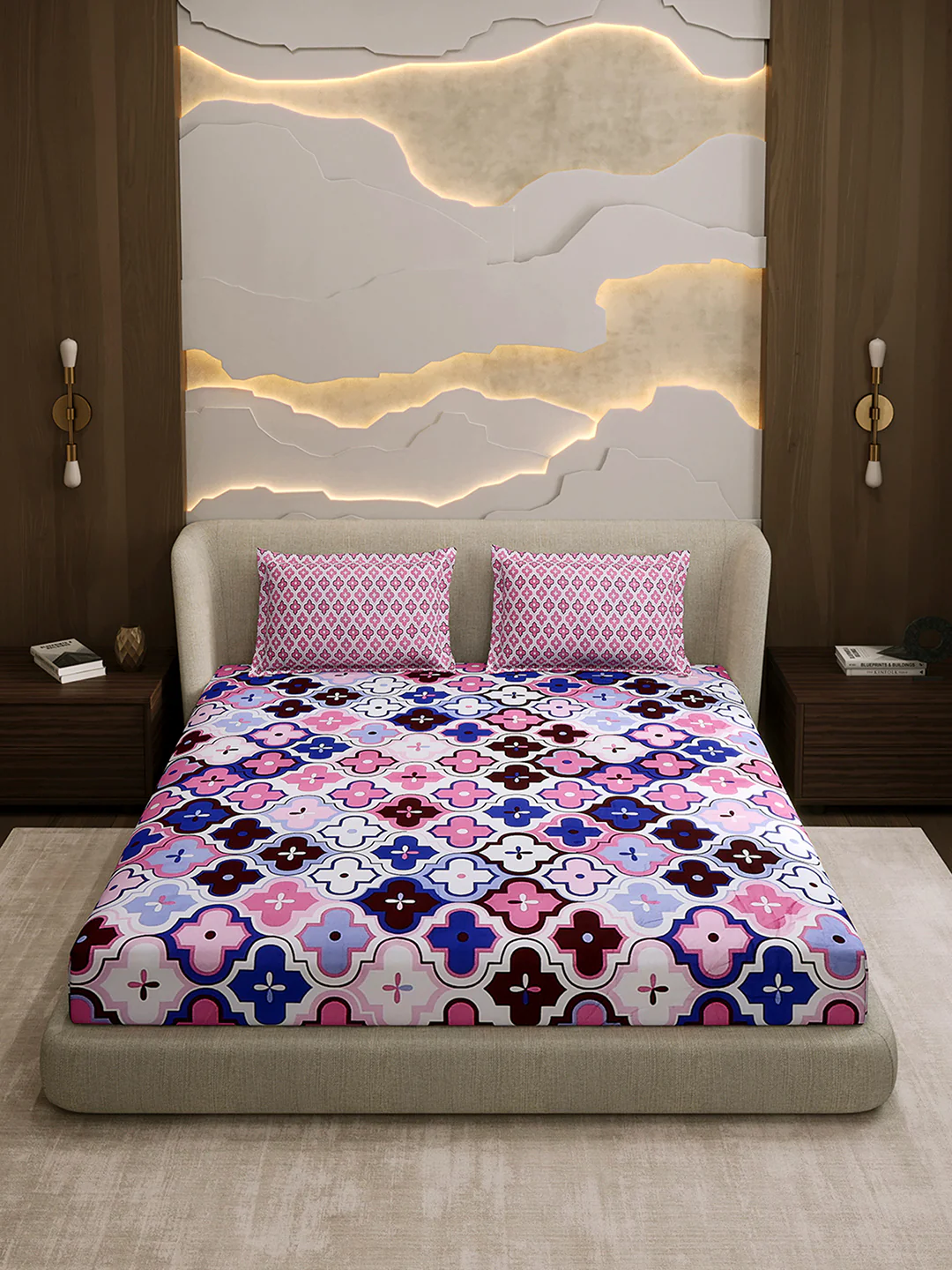144 TC Cotton Double Bed 1 Fitted Bedsheet with 2 Pillow Cover (Solstice) - Image 2
