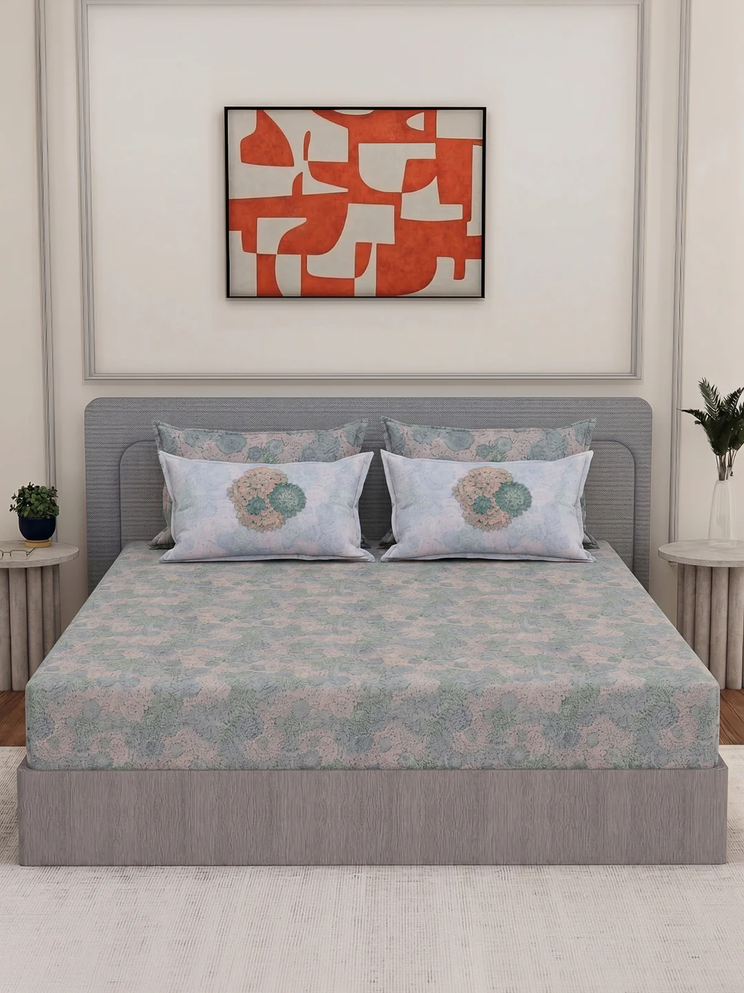 Luxury 300 TC Pure Cotton King Size Bedsheet with 4 Pillow Covers Brush & Bloom Collection - Image 3