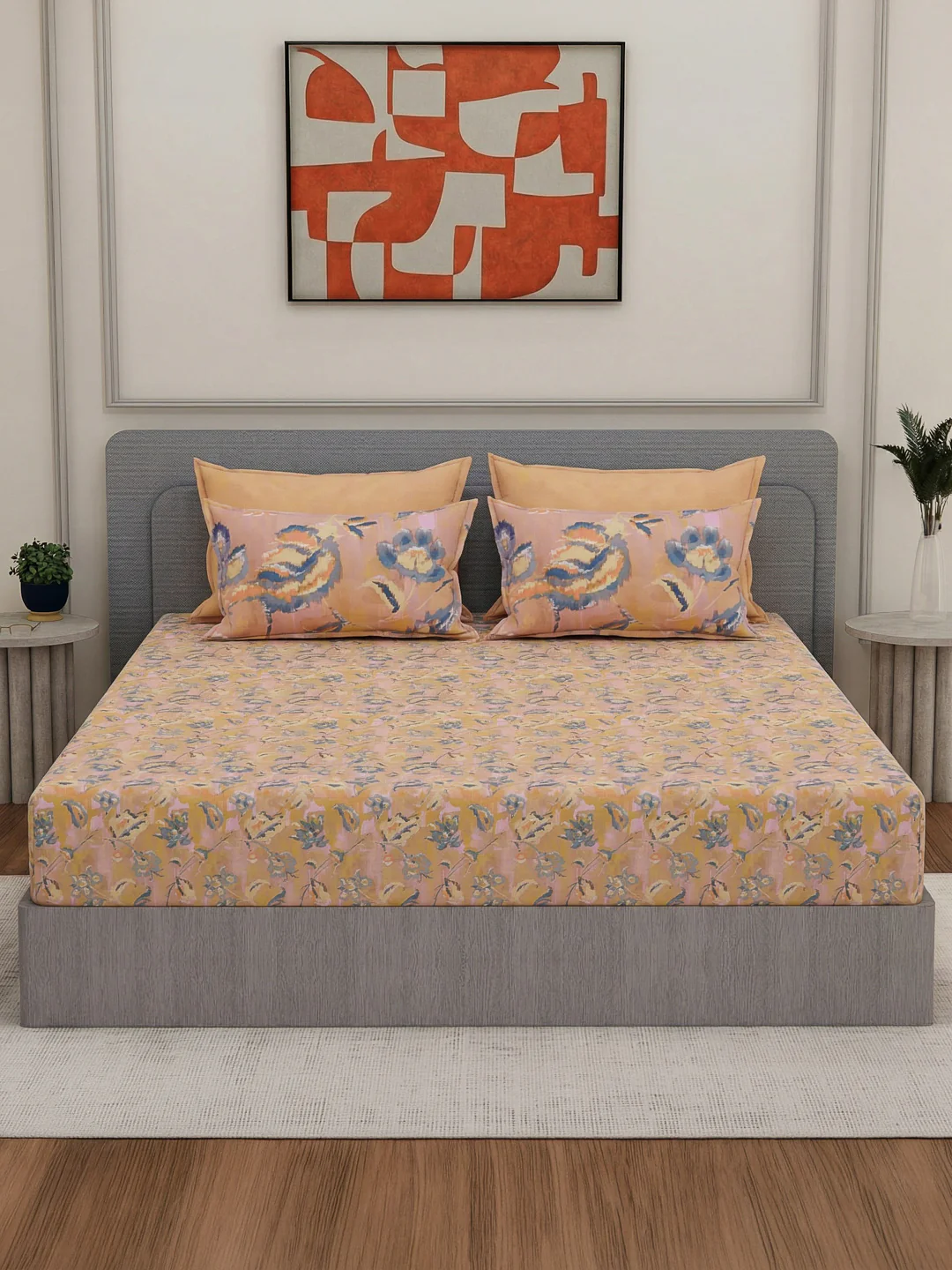 Luxury 300 TC Pure Cotton King Size Bedsheet with 4 Pillow Covers Brush & Bloom Collection - Image 3