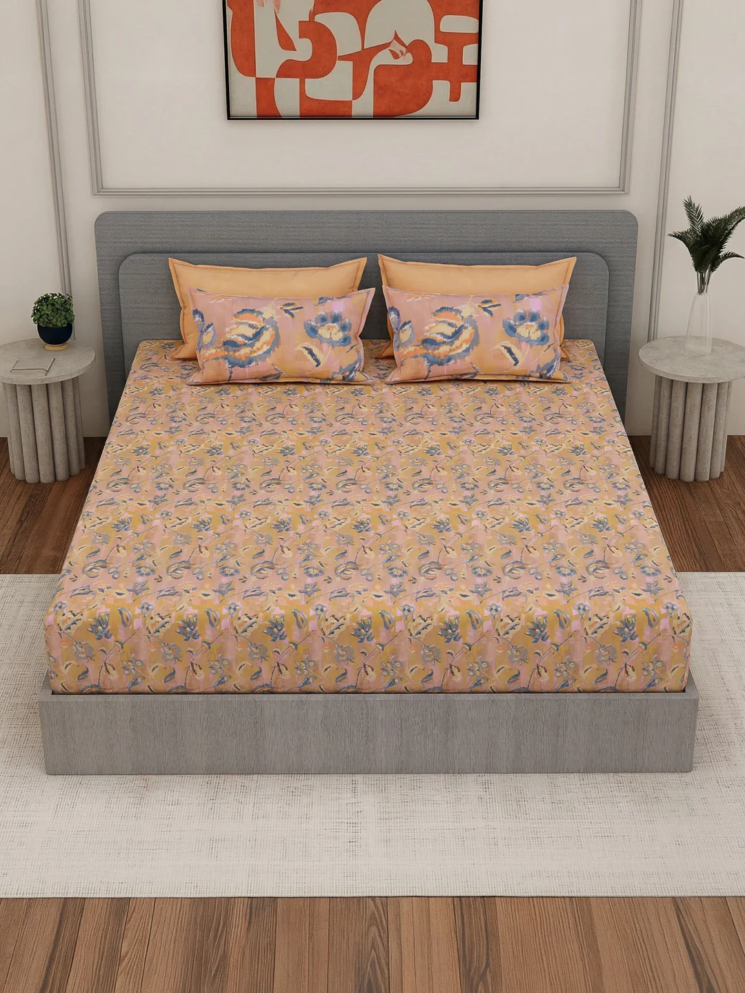 Luxury 300 TC Pure Cotton King Size Bedsheet with 4 Pillow Covers Brush & Bloom Collection - Image 4