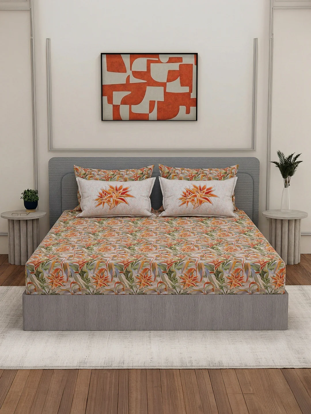 Luxury 300 TC Pure Cotton King Size Bedsheet with 4 Pillow Covers Brush & Bloom Collection - Image 3