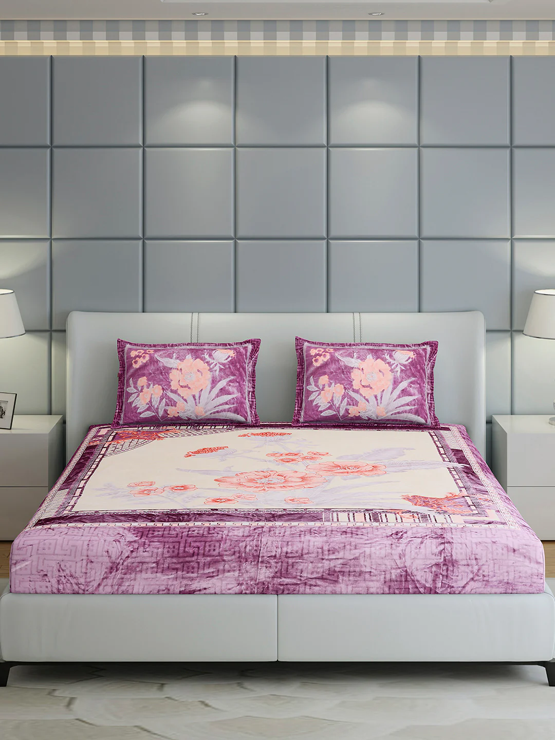 331 GSM Polyester Double Bed 1 Bedsheet with 2 Pillow Cover (Miranda) - Image 2