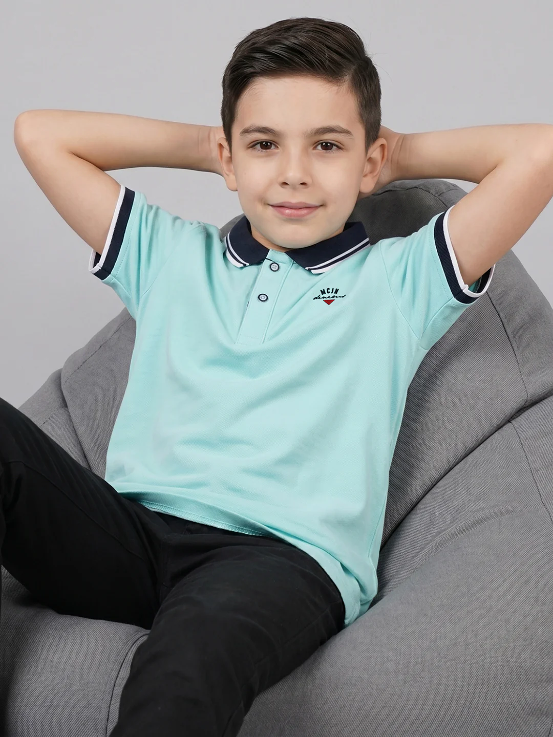 Boys Aqua Blue Printed Collar Half Sleeve T-Shirt - Image 5