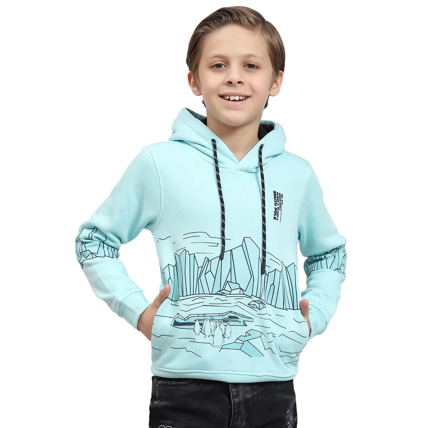 Boys Aqua Blue Printed Hooded Full Sleeve Sweatshirt - Image 5