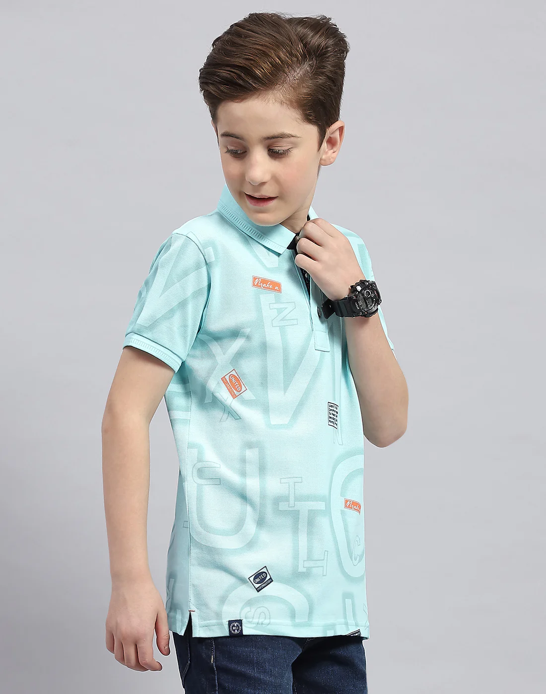 Boys Aqua Blue Printed Polo Collar Half Sleeve T-Shirt - Image 4