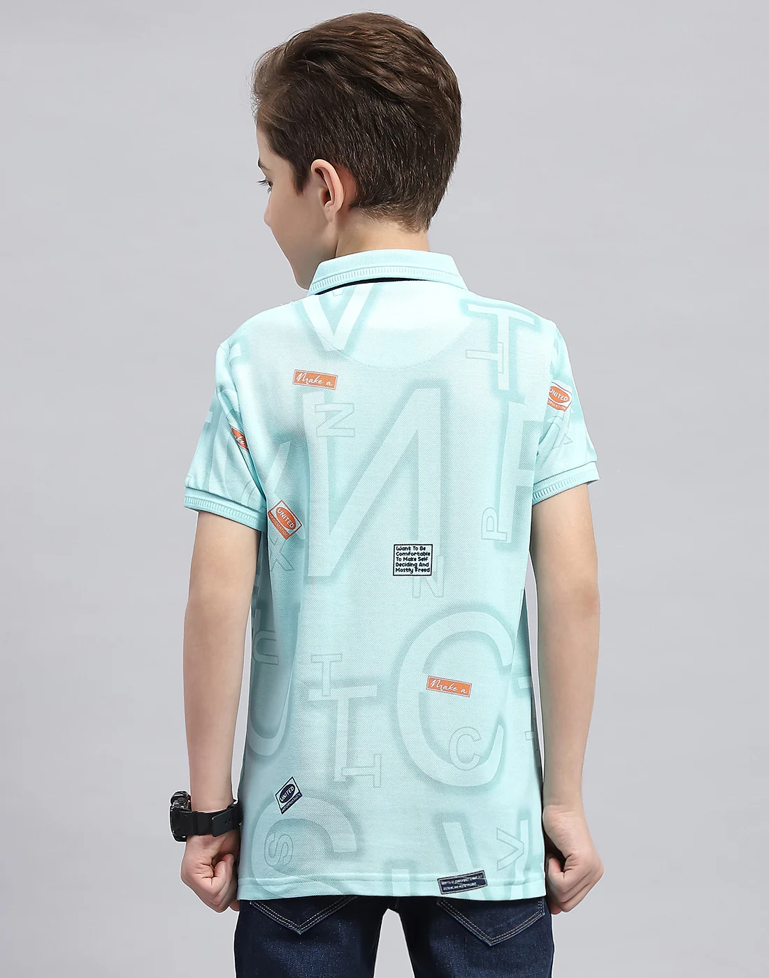 Boys Aqua Blue Printed Polo Collar Half Sleeve T-Shirt - Image 5