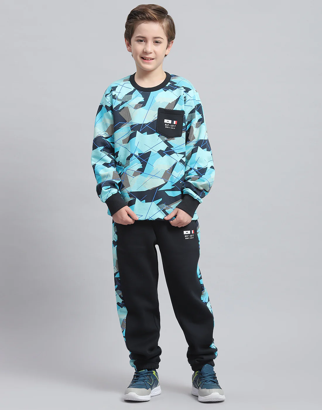 Boys Aqua Blue Printed Round Neck Full Sleeve Tracksuit - Image 2