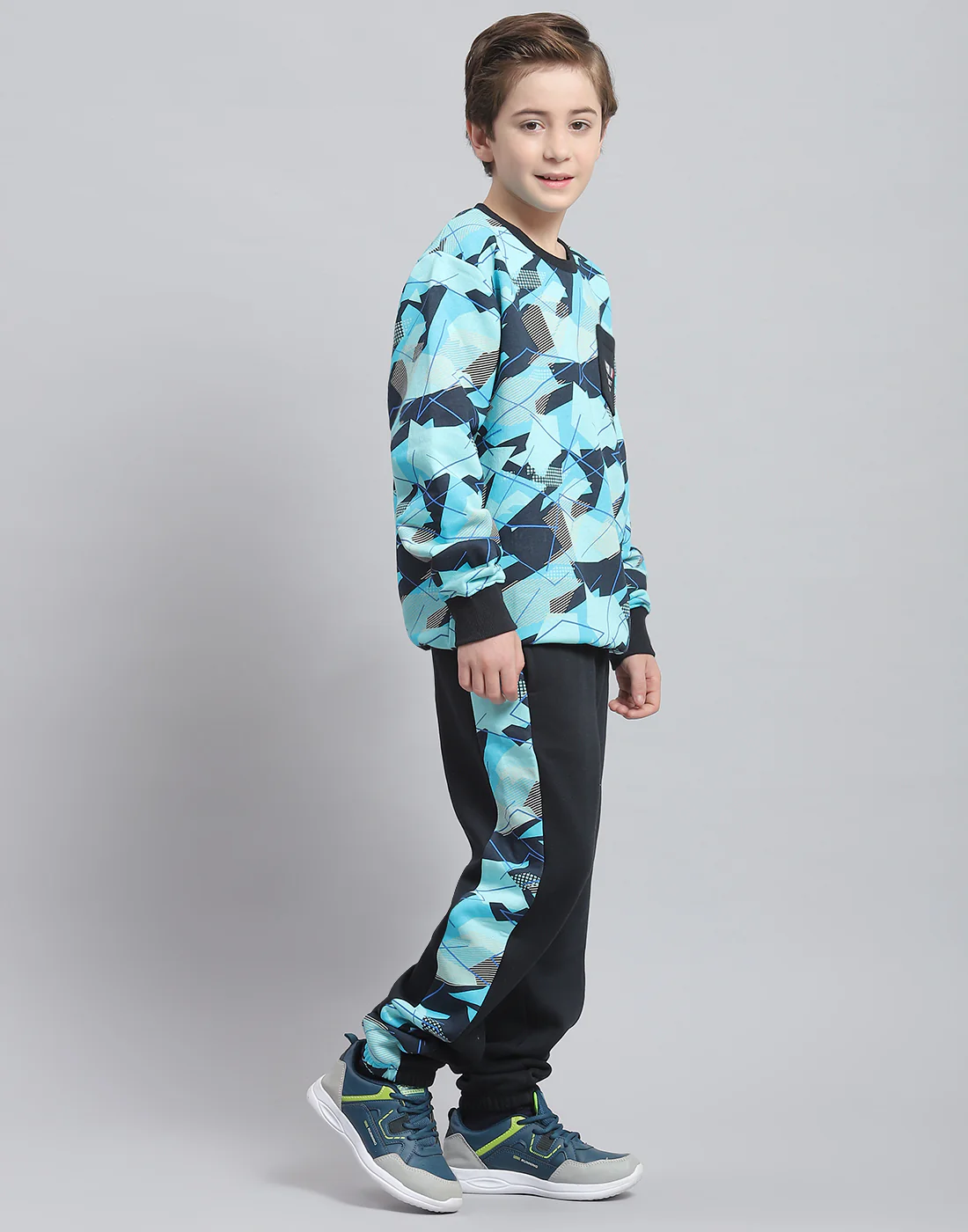 Boys Aqua Blue Printed Round Neck Full Sleeve Tracksuit - Image 4