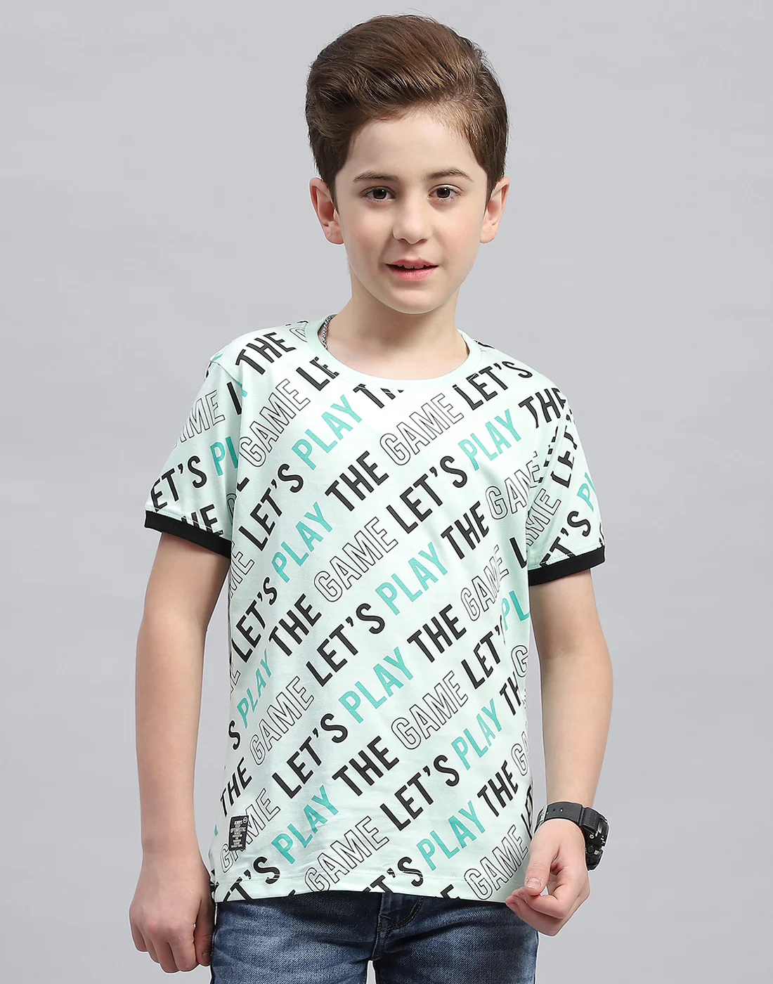 Boys Aqua Blue Printed Round Neck Half Sleeve T-Shirt - Image 2