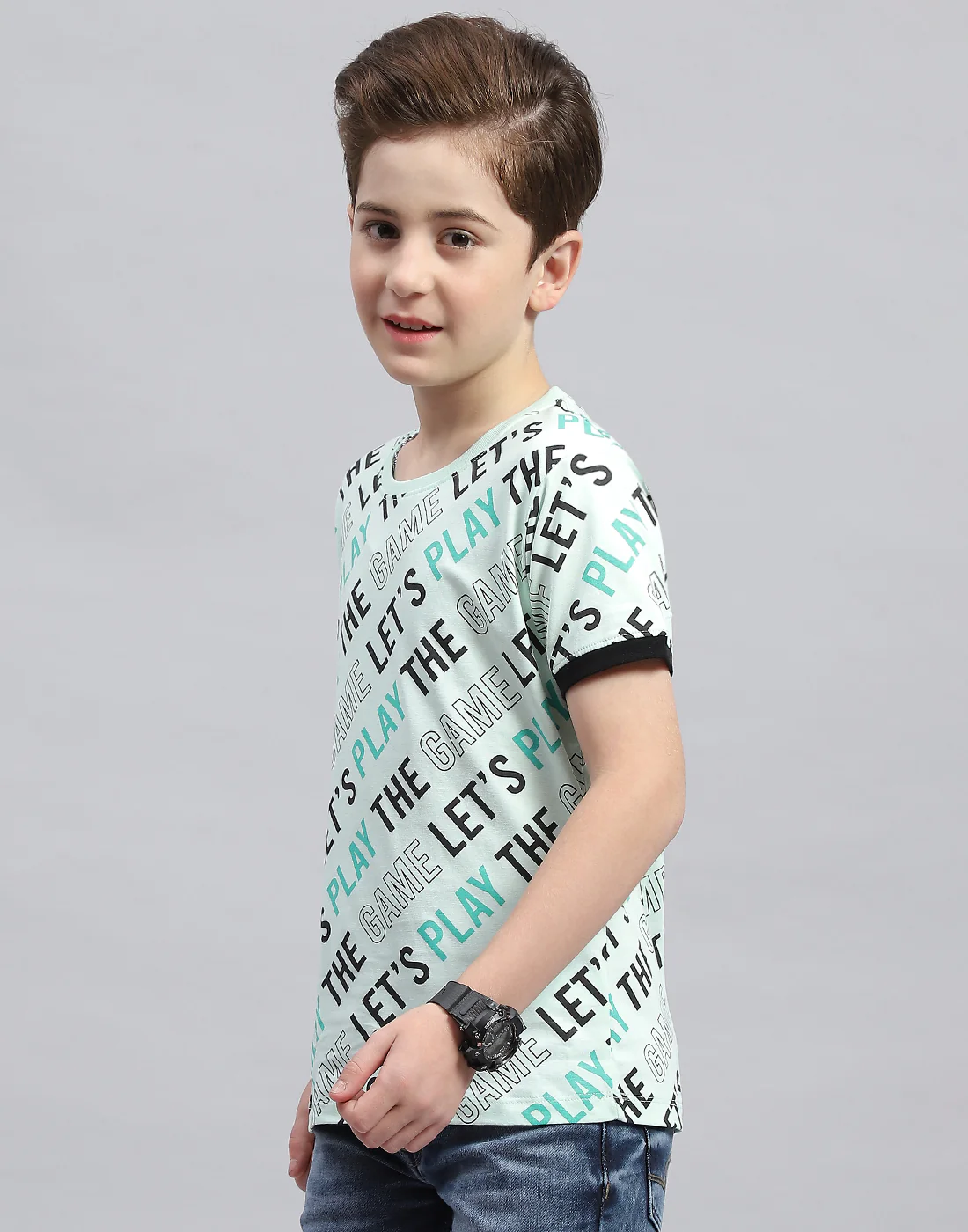 Boys Aqua Blue Printed Round Neck Half Sleeve T-Shirt - Image 3