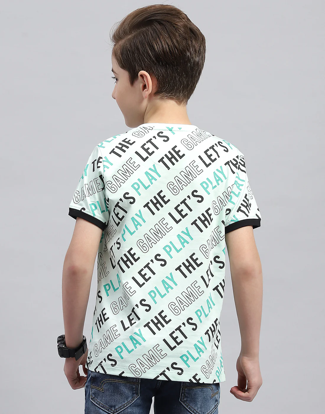 Boys Aqua Blue Printed Round Neck Half Sleeve T-Shirt - Image 5