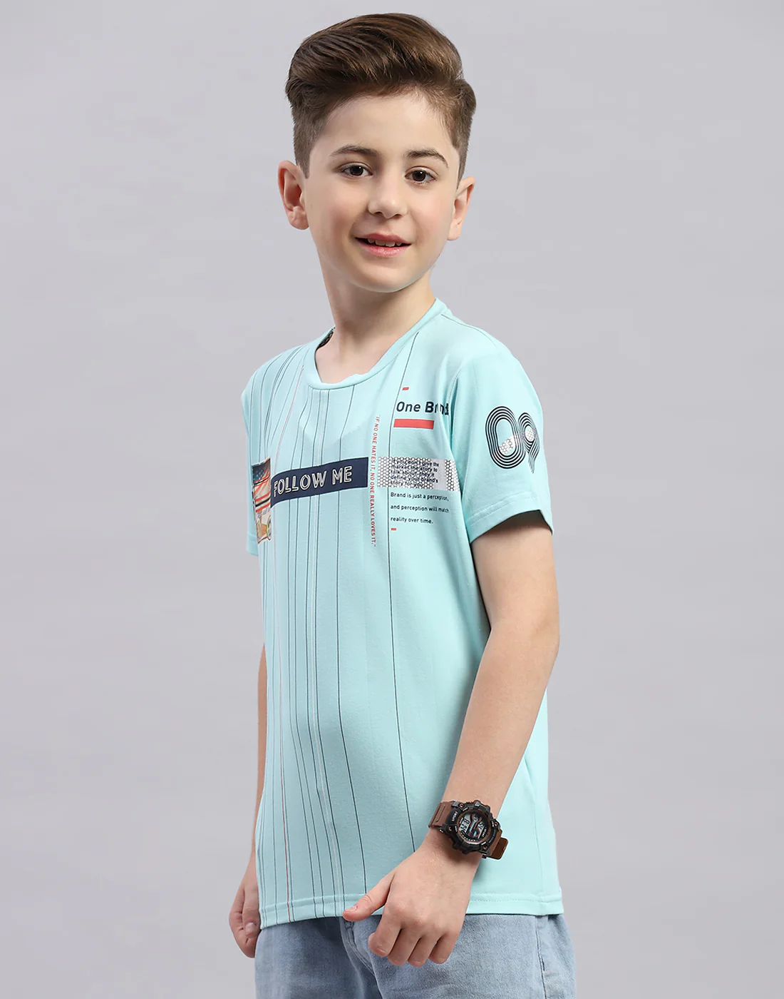Boys Aqua Blue Printed Round Neck Half Sleeve T-Shirt - Image 3