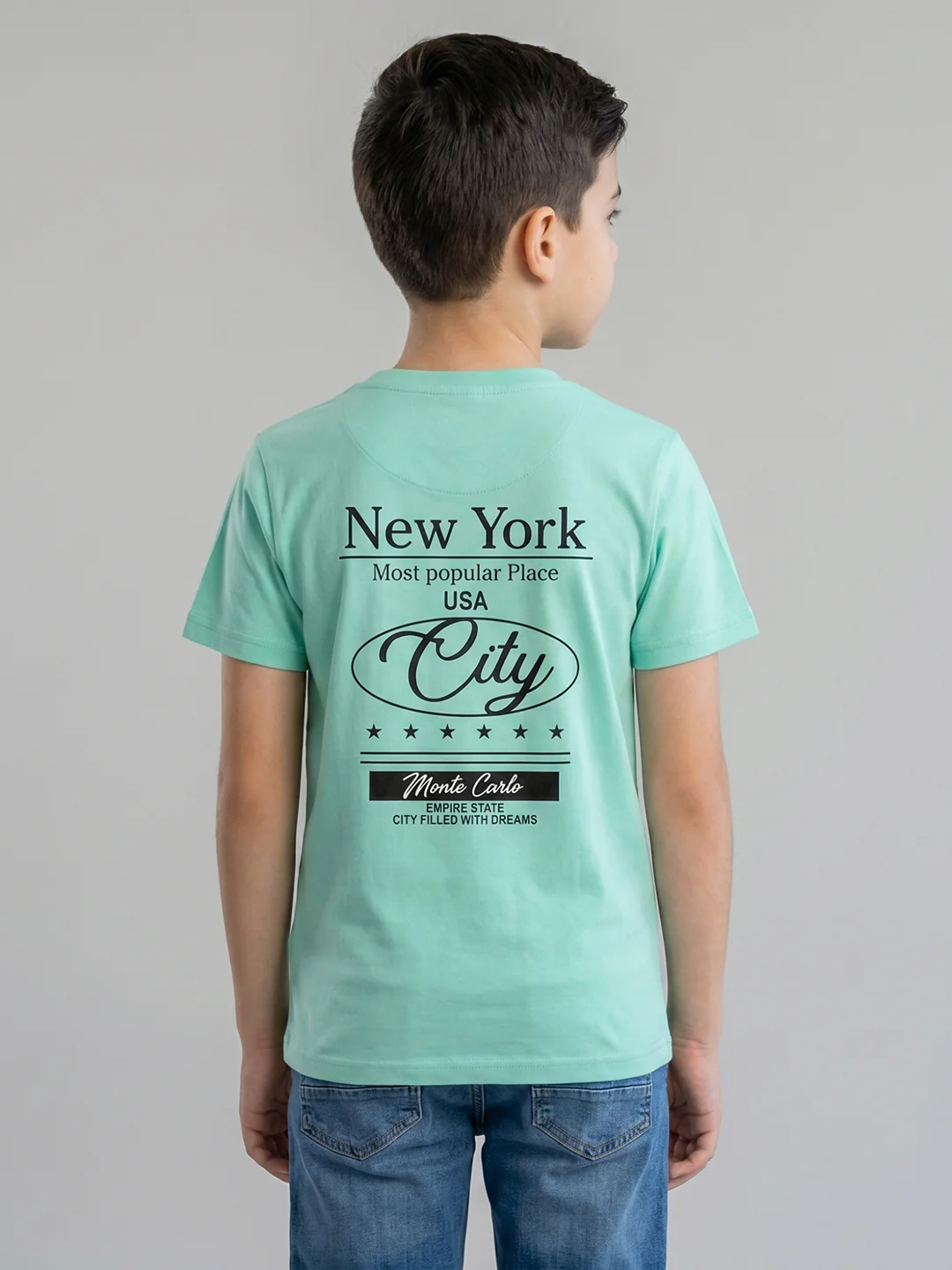 Boys Aqua Green Printed Round Neck Half Sleeve T-Shirt - Image 4