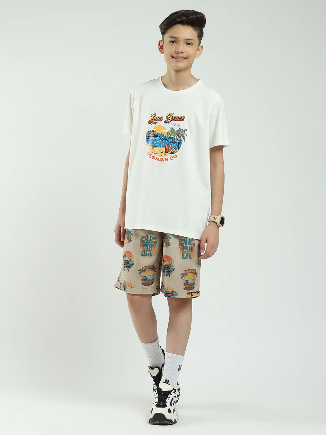 Boys Beige Printed Collar Half Sleeve Cords Set - Image 6