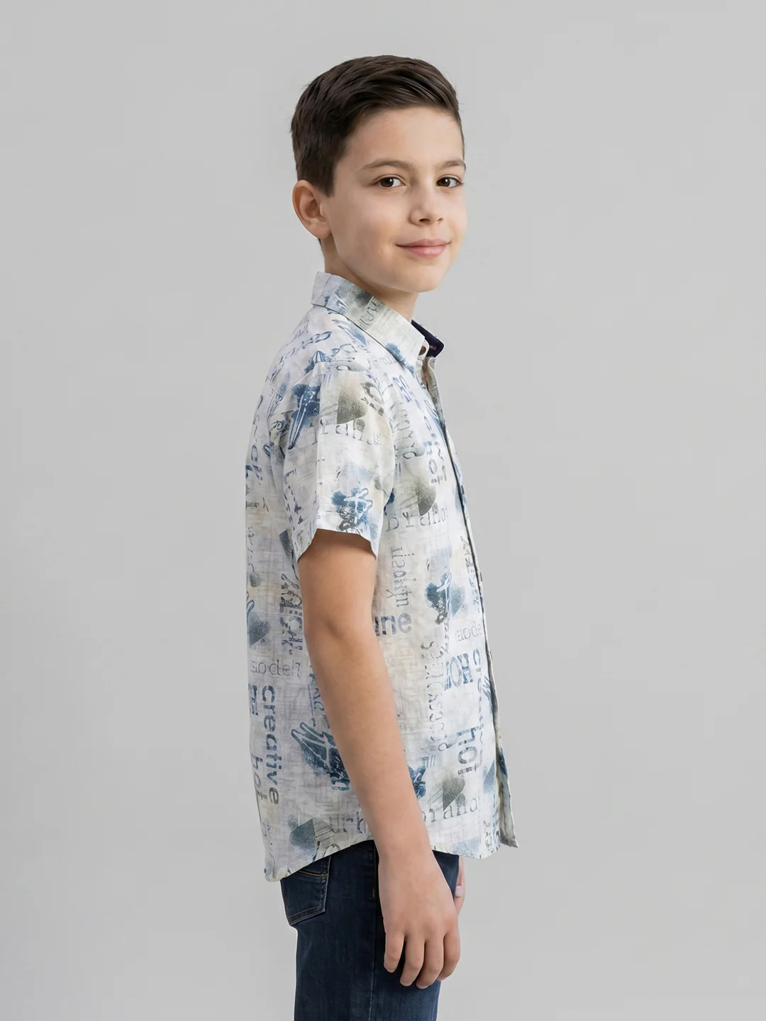 Boys Beige Printed Collar Half Sleeve Shirt - Image 2