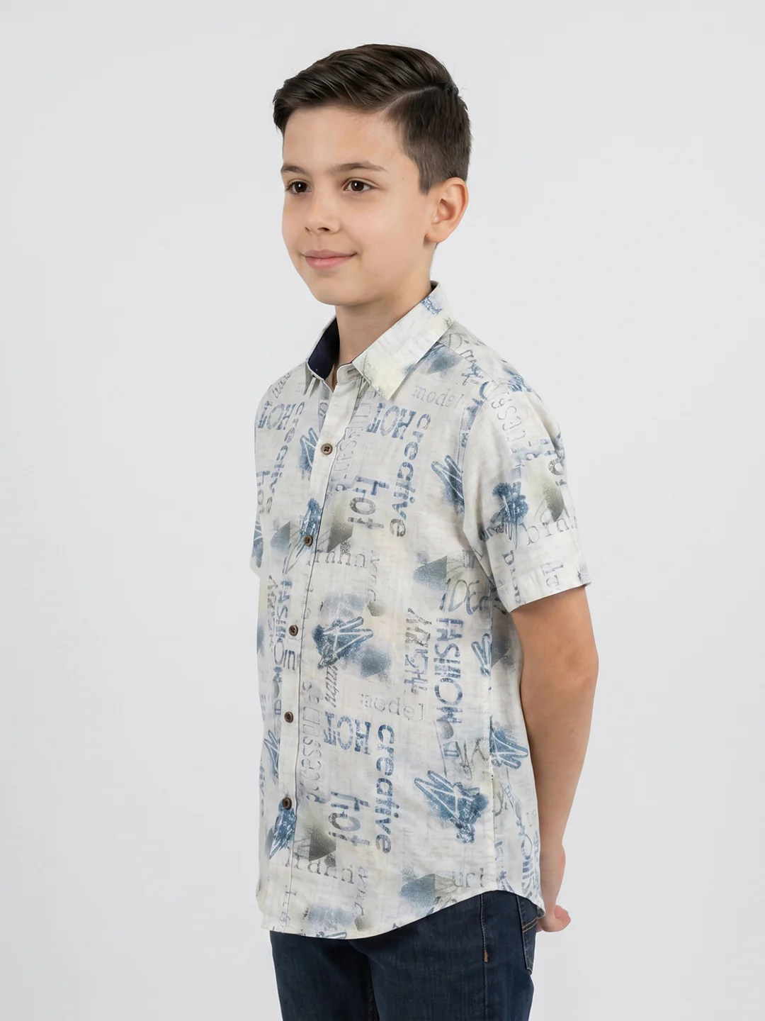 Boys Beige Printed Collar Half Sleeve Shirt - Image 3