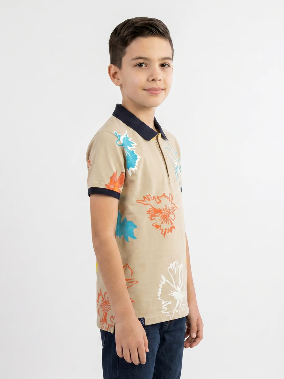 Boys Beige Printed Collar Half Sleeve T-Shirt - Image 2