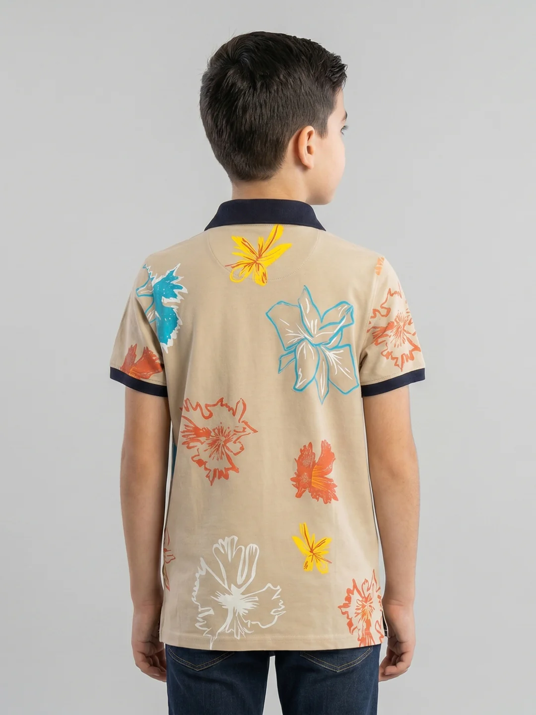 Boys Beige Printed Collar Half Sleeve T-Shirt - Image 4