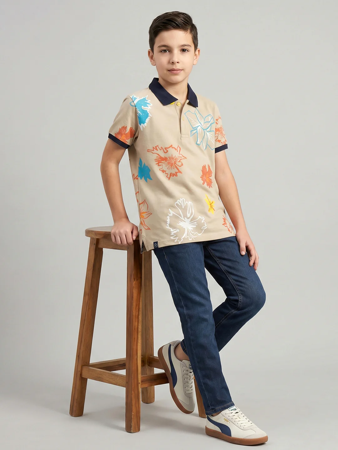 Boys Beige Printed Collar Half Sleeve T-Shirt - Image 5