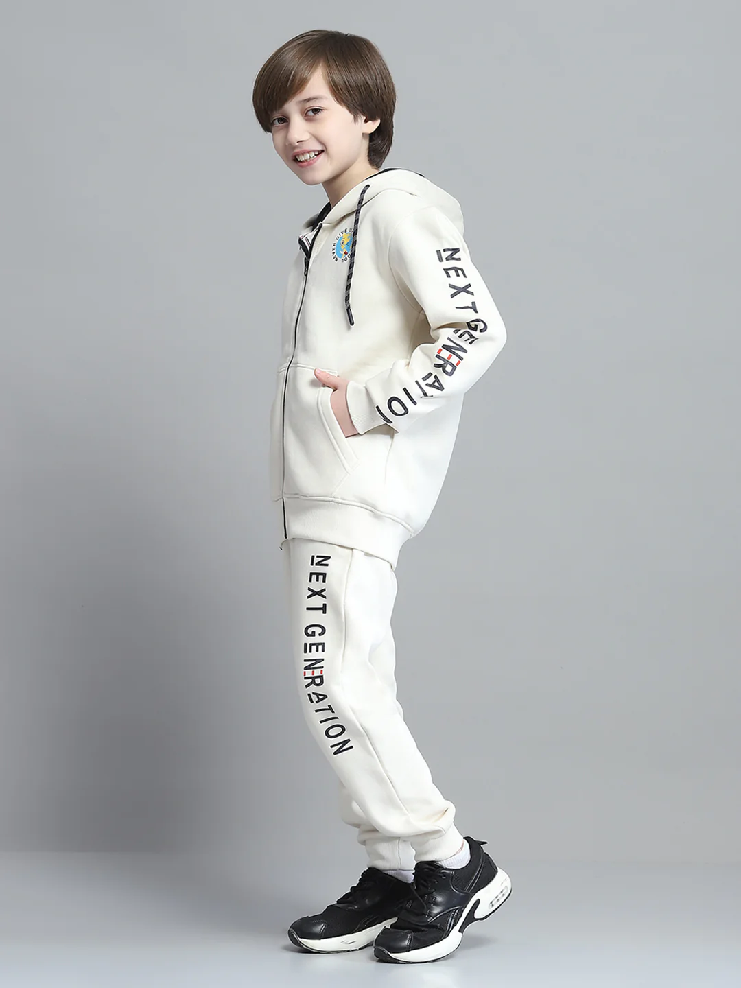 Boys Beige Printed Hooded Full Sleeve Tracksuit - Image 3