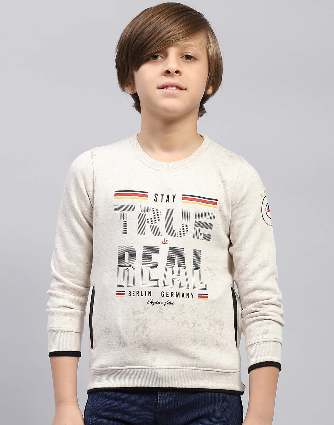 Boys Beige Printed Round Neck Full Sleeve Sweatshirt - Image 2