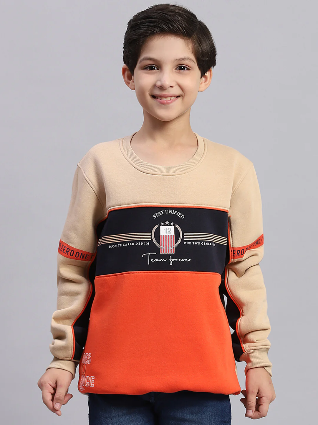 Boys Beige Printed Round Neck Full Sleeve Sweatshirt - Image 2