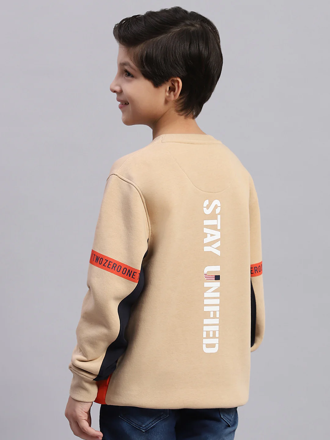 Boys Beige Printed Round Neck Full Sleeve Sweatshirt - Image 5