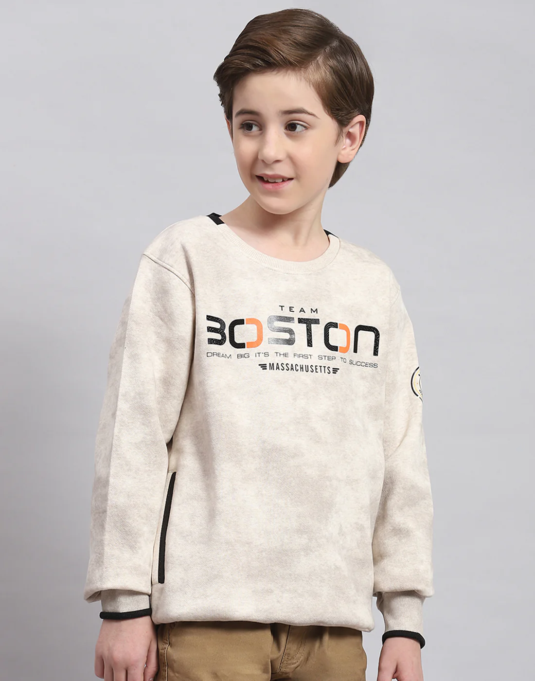 Boys Beige Printed Round Neck Full Sleeve Sweatshirt - Image 4