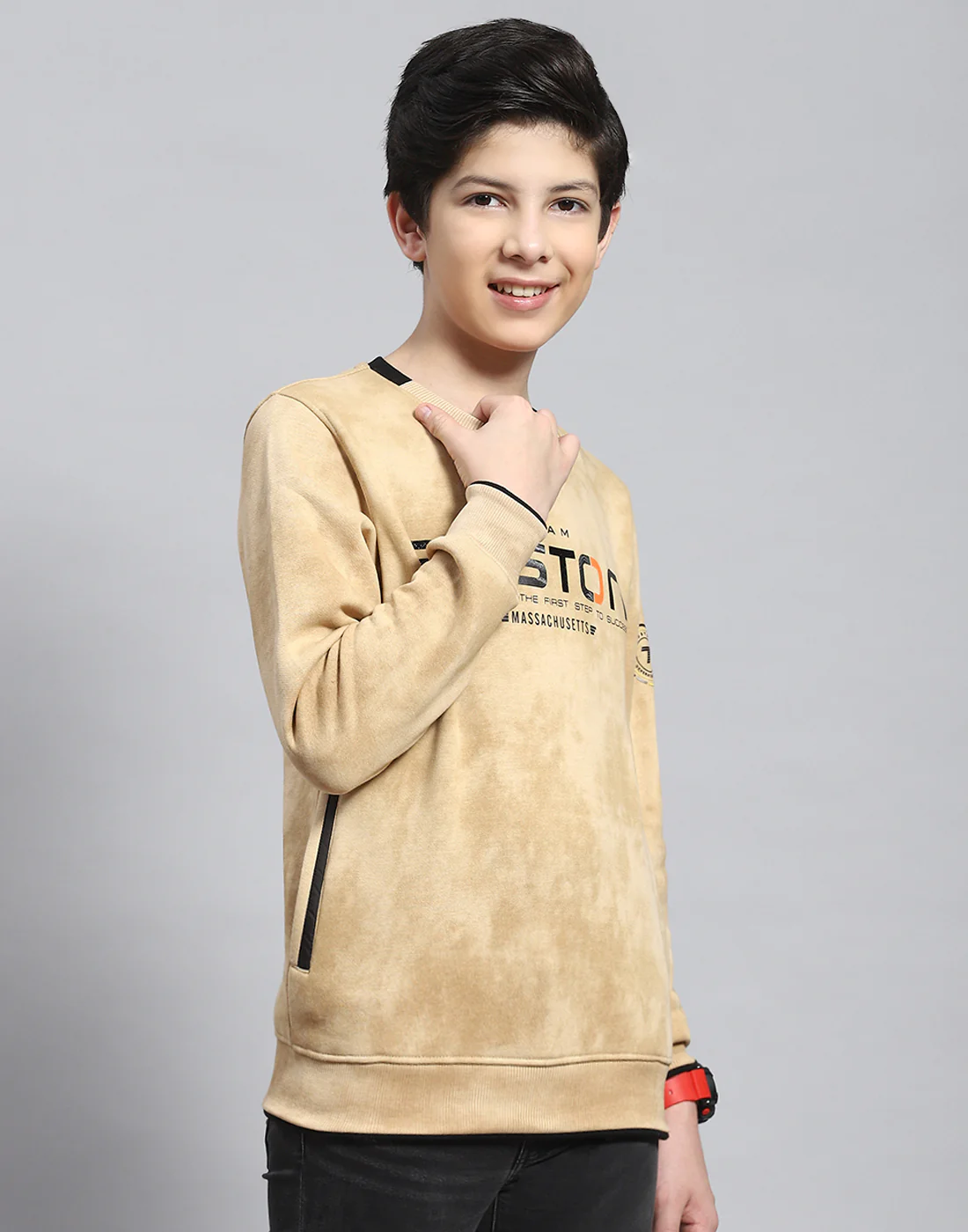 Boys Beige Printed Round Neck Full Sleeve Sweatshirt - Image 4
