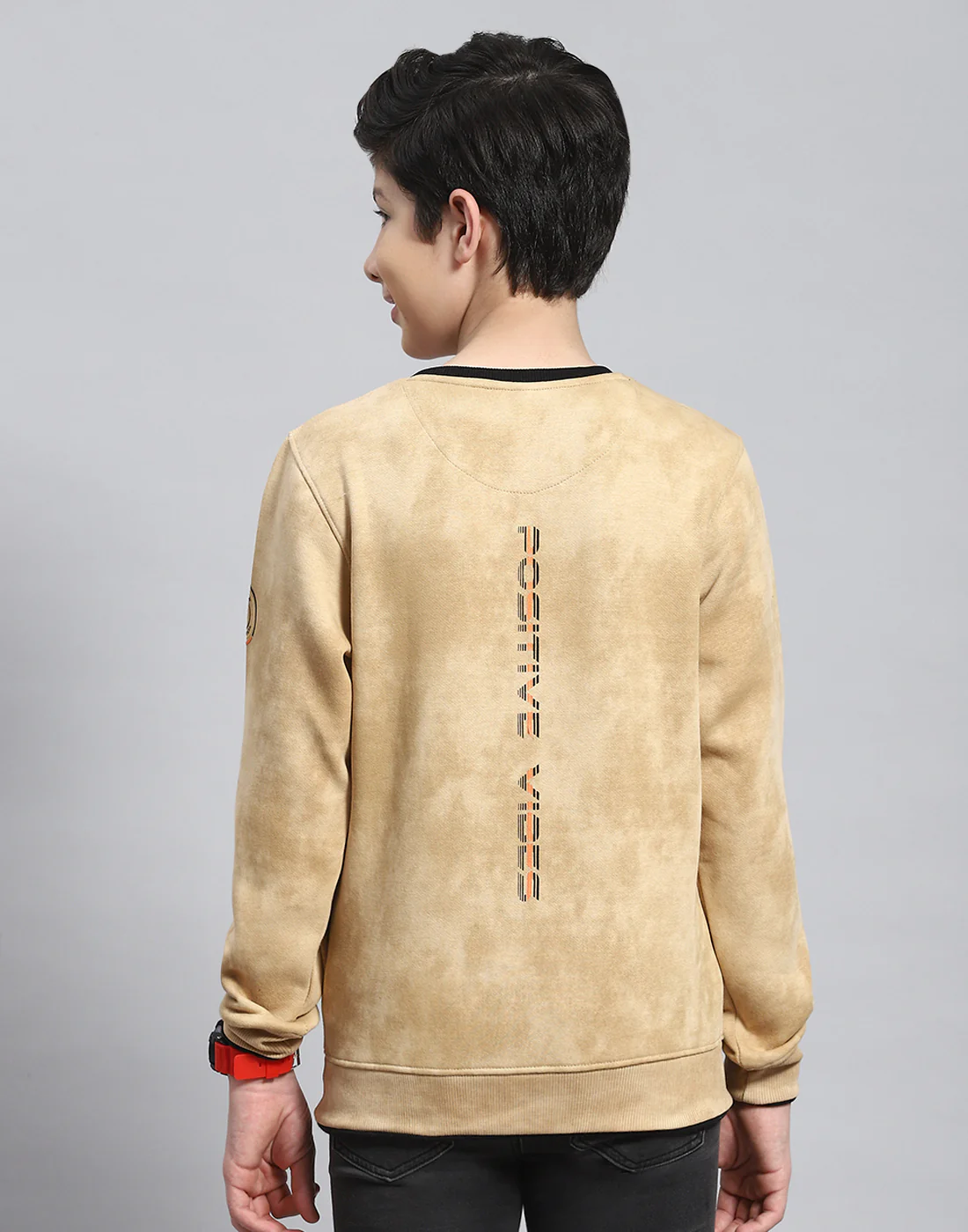 Boys Beige Printed Round Neck Full Sleeve Sweatshirt - Image 5