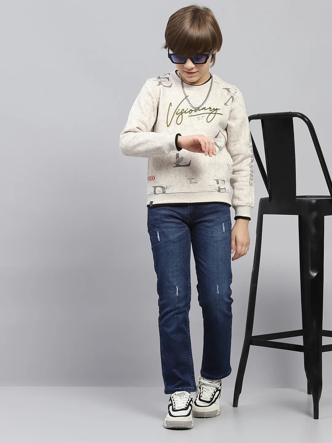 Boys Beige Printed Round Neck Full Sleeve Sweatshirt - Image 2