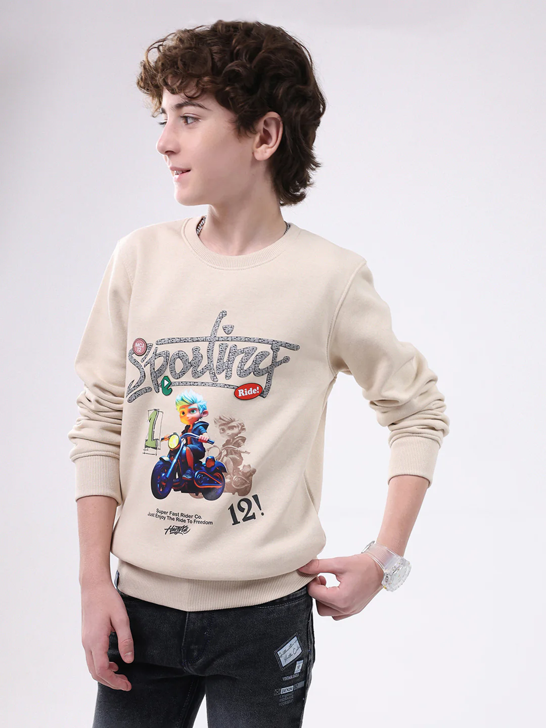 Boys Beige Printed Round Neck Full Sleeve Sweatshirt - Image 3