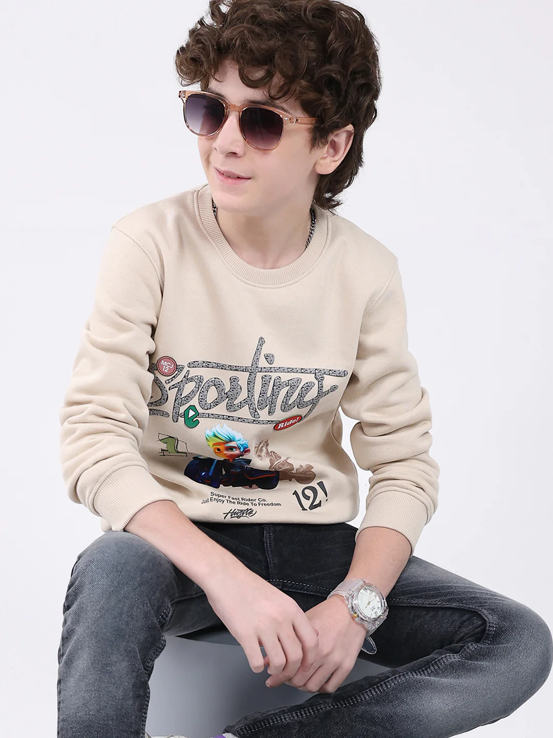 Boys Beige Printed Round Neck Full Sleeve Sweatshirt - Image 6