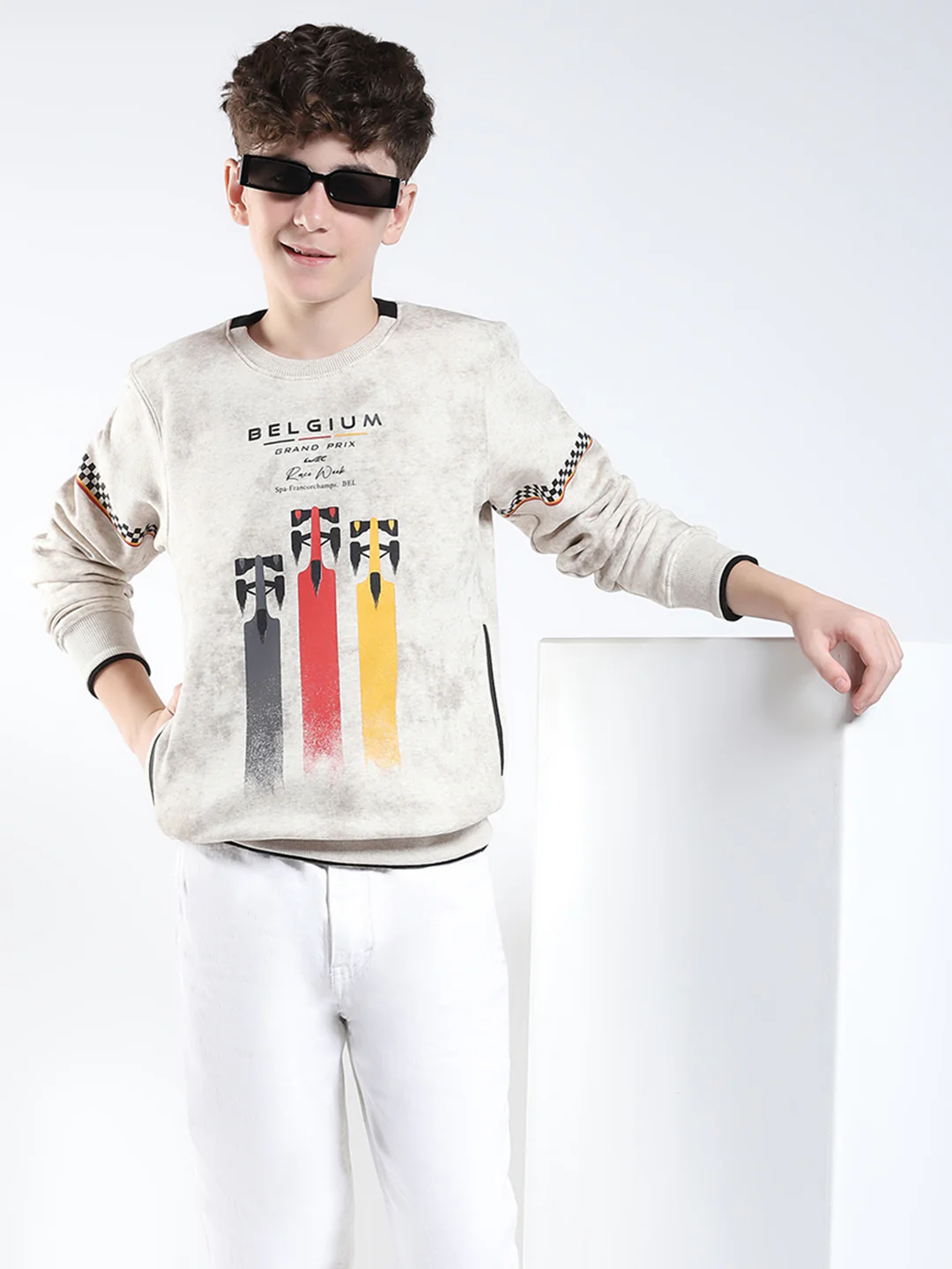 Boys Beige Printed Round Neck Full Sleeve Sweatshirt - Image 6