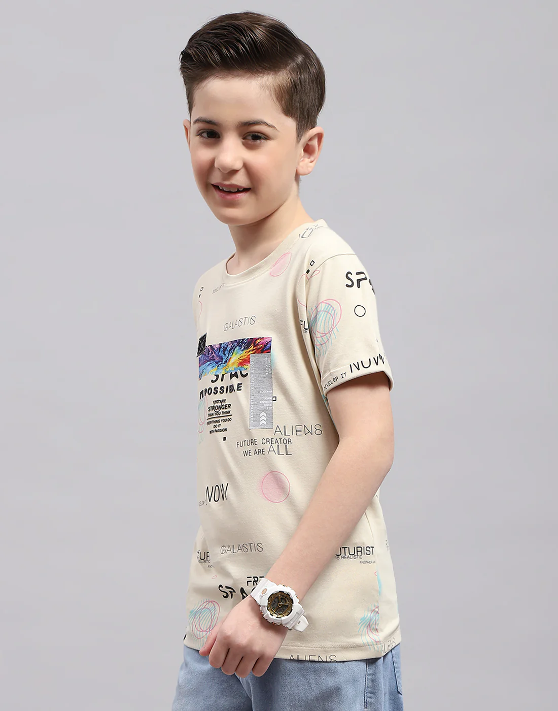 Boys Beige Printed Round Neck Half Sleeve T-Shirt - Image 3