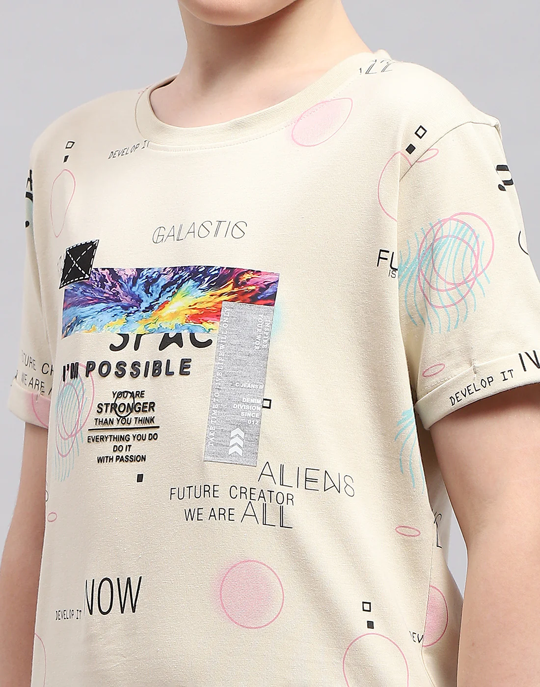 Boys Beige Printed Round Neck Half Sleeve T-Shirt - Image 7