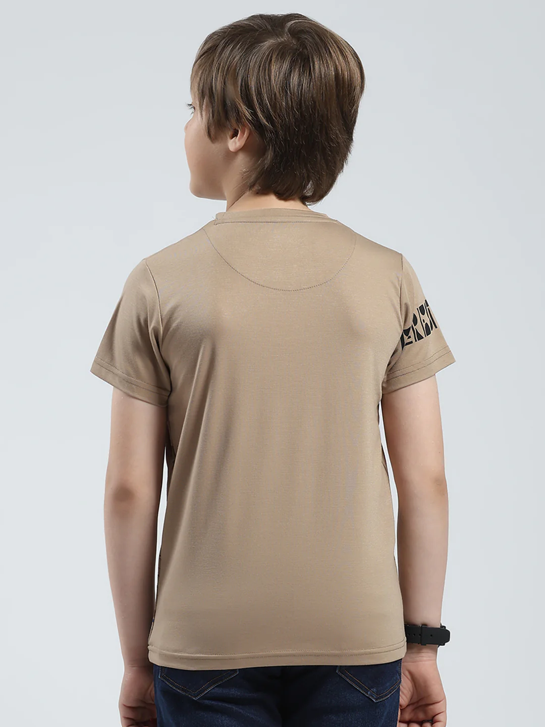 Boys Beige Printed Round Neck Half Sleeve T-Shirt - Image 5