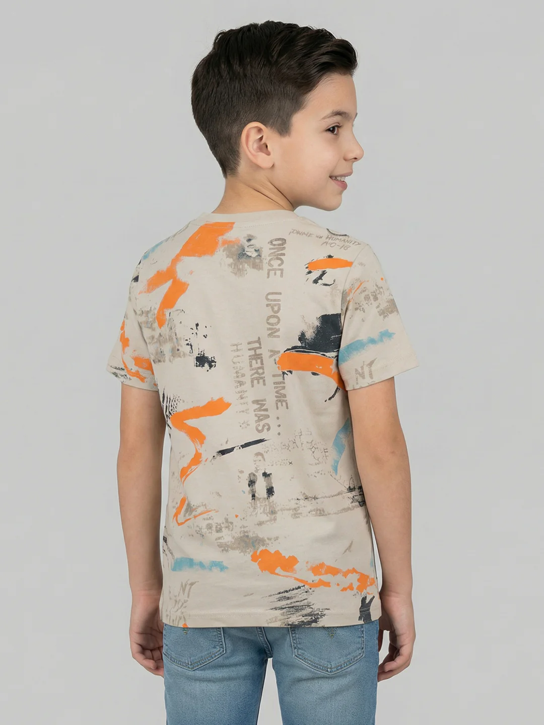 Boys Beige Printed Round Neck Half Sleeve T-Shirt - Image 4