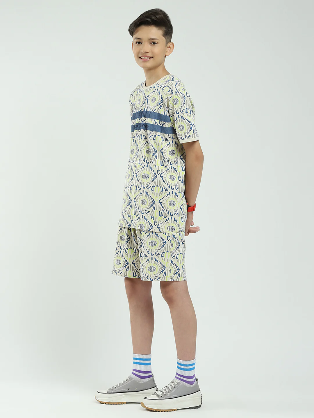 Boys Beige Printed Round Neck Half Sleeve Bermuda Set - Image 3