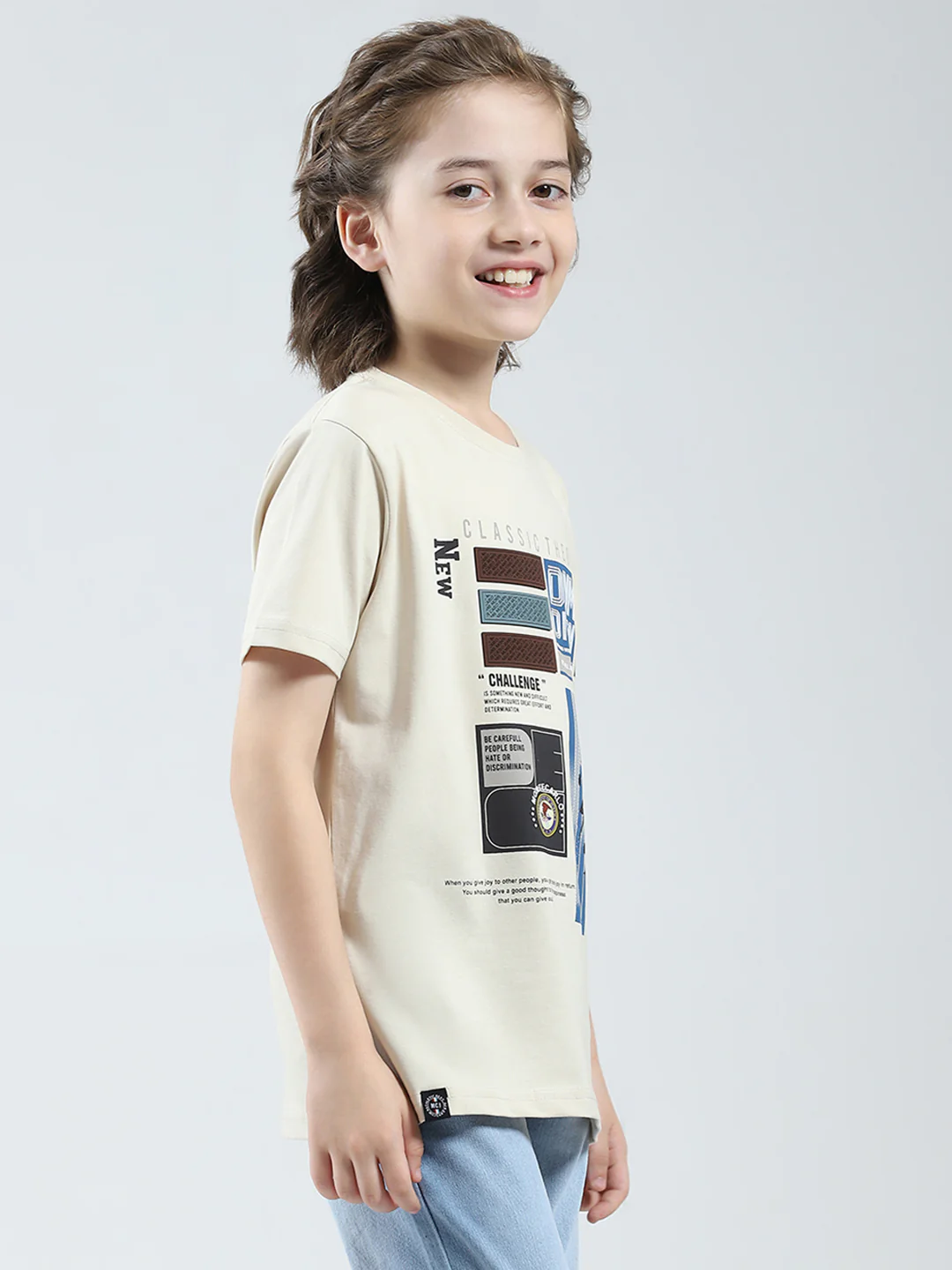 Boys Beige Printed Round Neck Half Sleeve T-Shirt - Image 4