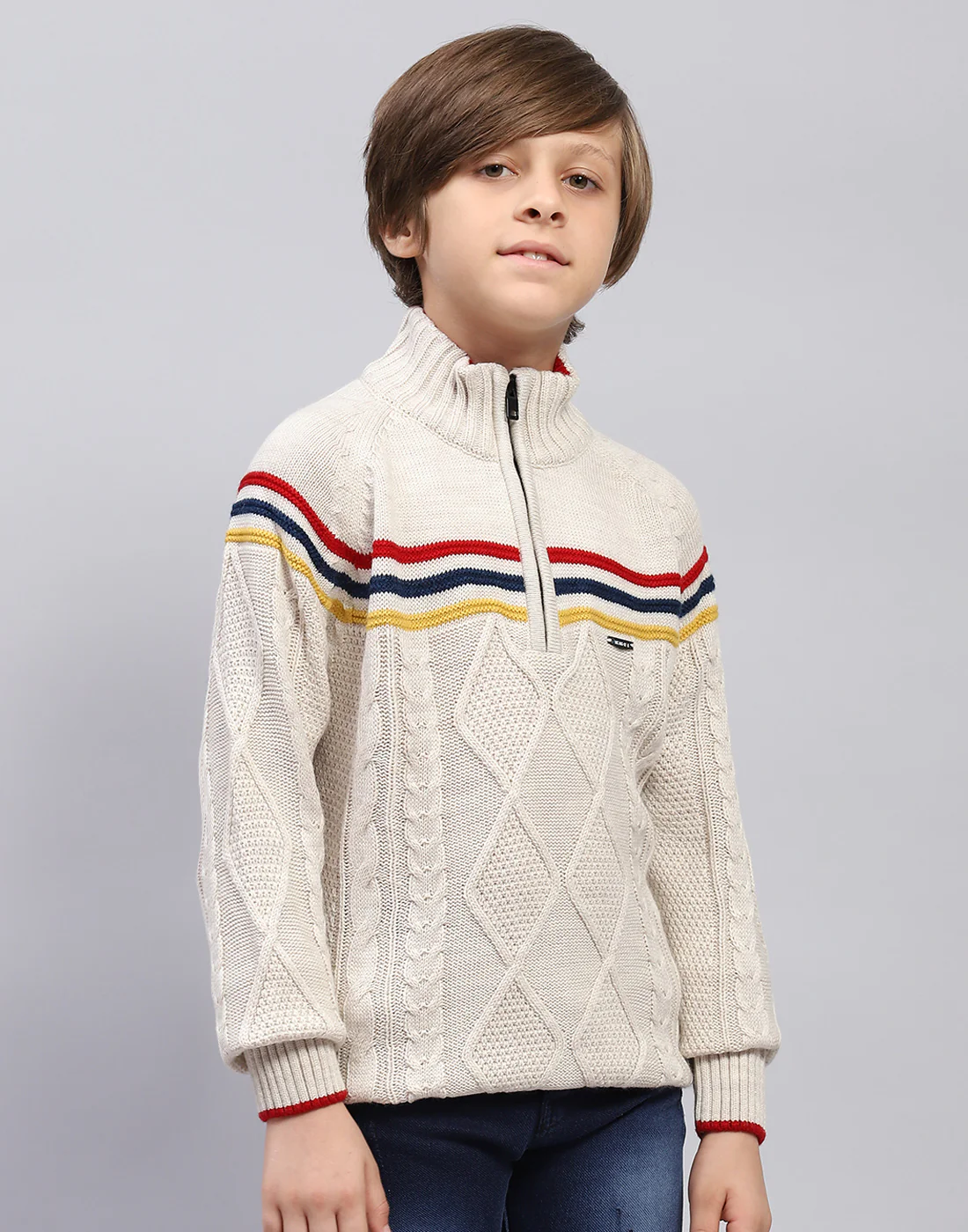 Boys Beige Self Design Turtle Neck Full Sleeve Pullover - Image 3