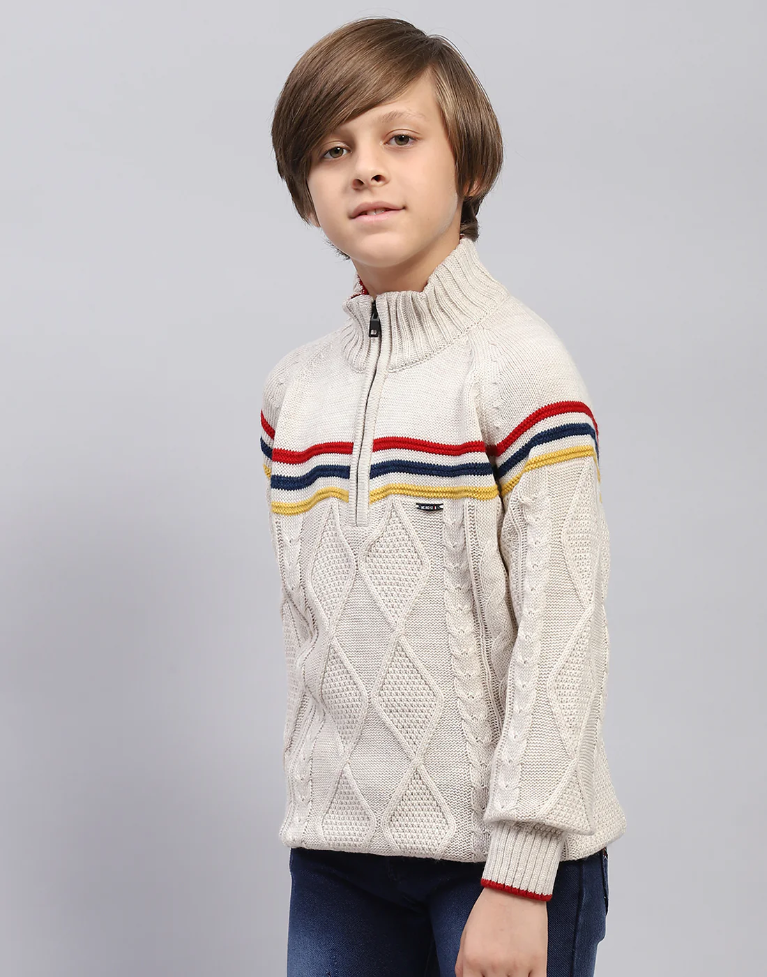 Boys Beige Self Design Turtle Neck Full Sleeve Pullover - Image 4