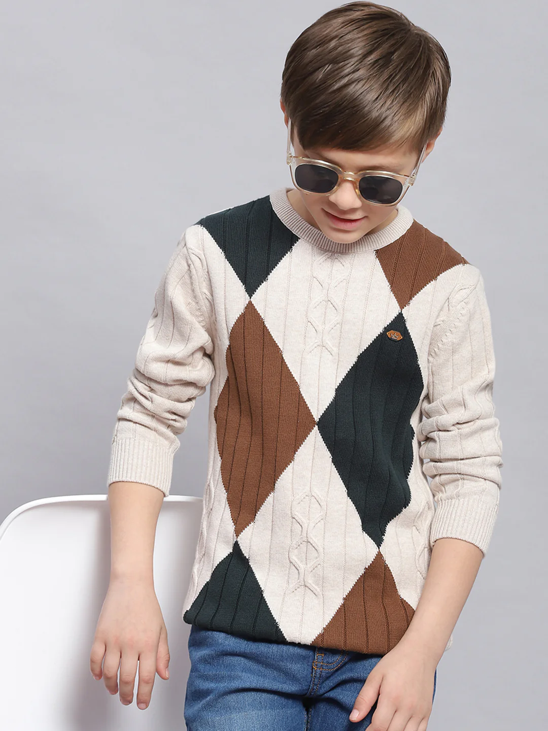 Boys Beige Self Design Round Neck Full Sleeve Sweater - Image 2